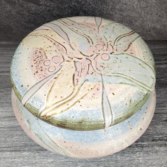 Vintage Artist Signed Pottery Large Stoneware Bowl w Lid Abstract Pastel Glaze - Picture 3 of 14